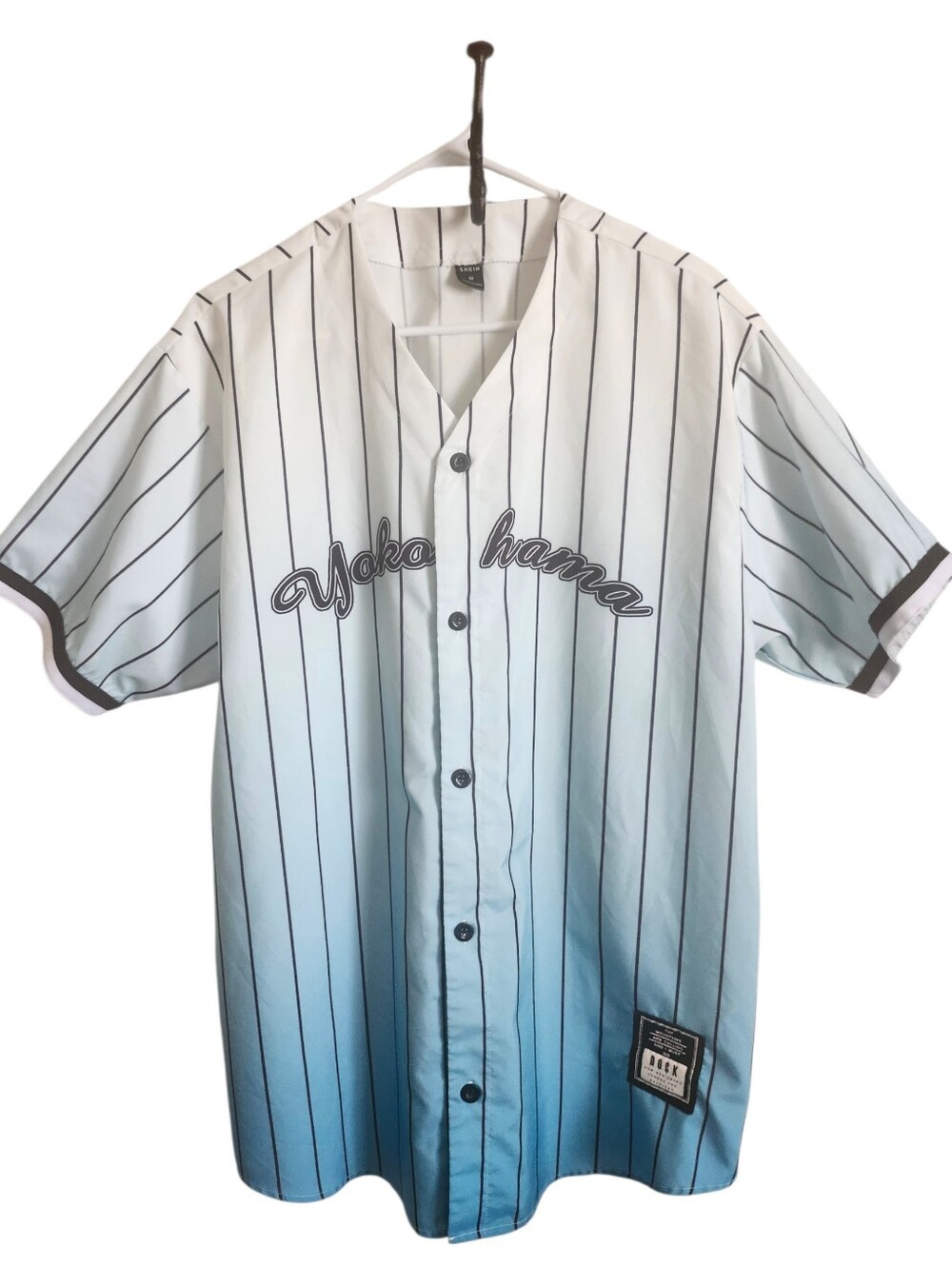 SHEIN Mens Yokohama Ombre Baseball Jersey Pinstripe Blue White Size Medium